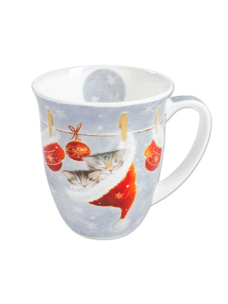 Porellan-Becher mit schlafender Katze in Weihnachtsmtze