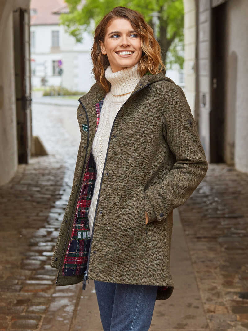 Kapuzen-Parka aus Fischgrat-Tweed